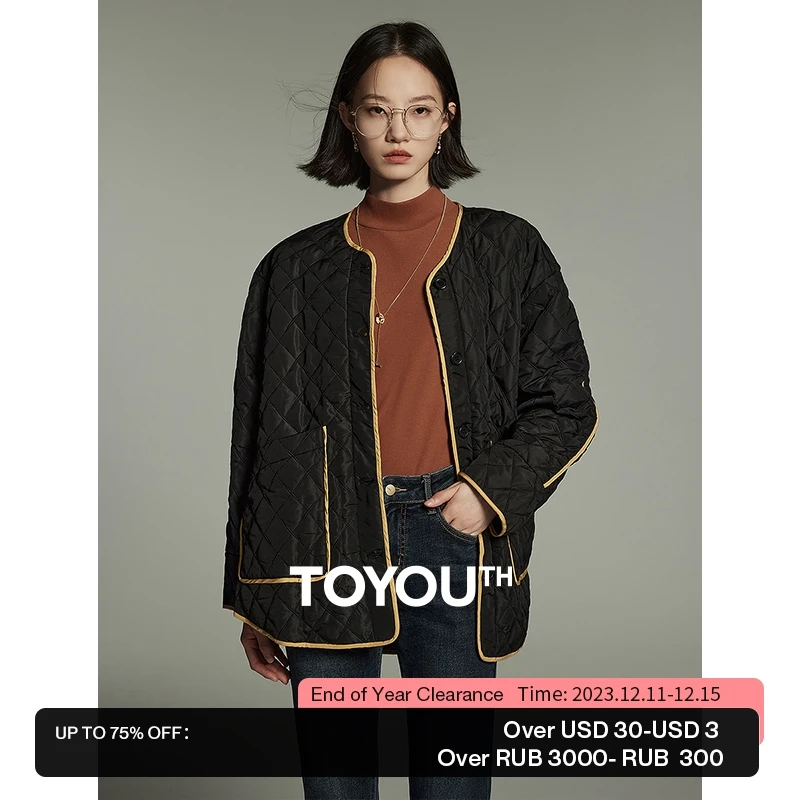 Toyouth-女性の長袖ルーズ厚手のコート、コットンジャケット、ラウンドネック、無音ライン、ダイヤモンドパターン、暖かいアウター、秋、2023