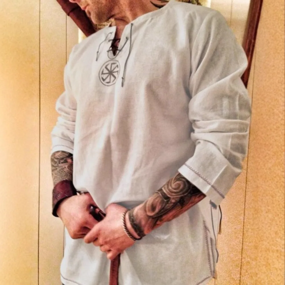 Camicia a maniche lunghe slim fit da uomo medievale di Halloween - Top casual in misto lino traspirante per la primavera e l'estate