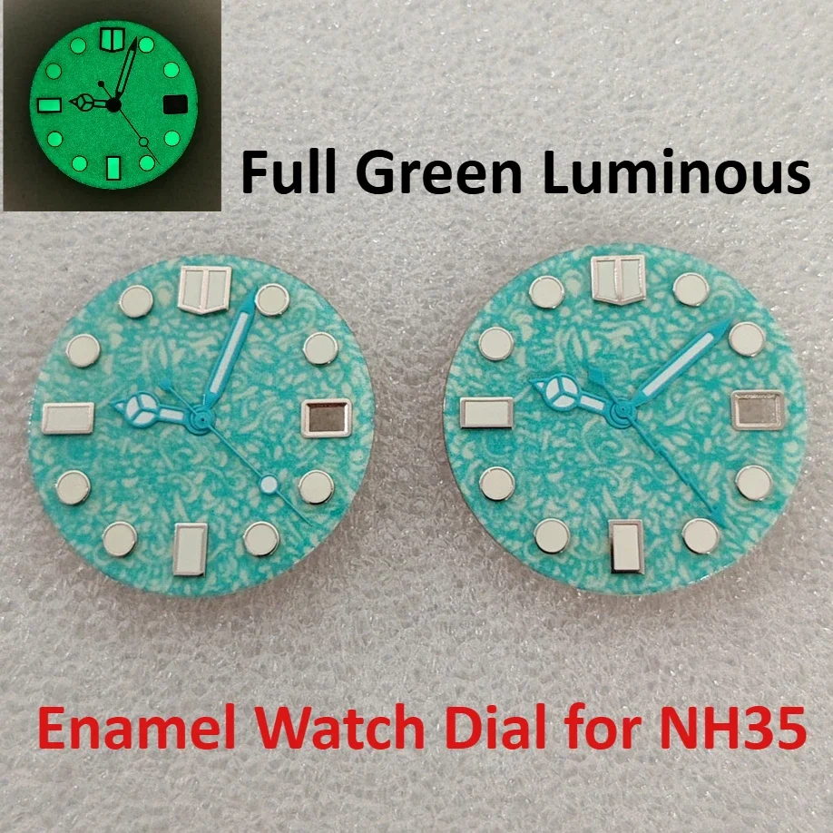 

28.5mm Enamel Watch Dial for NH35/4R/7S Movement Full Green Luminous Literal with Blue Hands Watch Modification Parts Blue Color