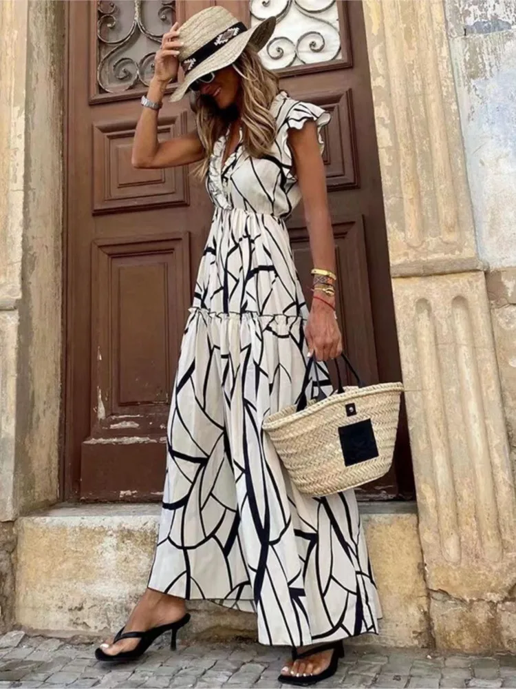 

Spring Summer New Print Long Dresses Women Ruffle Sleeves V-neck Fungus Side Dress Casual Fashion Trendy Lady Vestido Streetwear