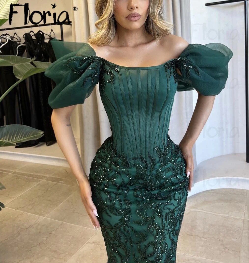 Floria Off Shoulder Puffy Sleeve Dark Green Prom Gowns Corset Back Beaded Evening Night Gowns Wedding Guest Party Dresses 2024