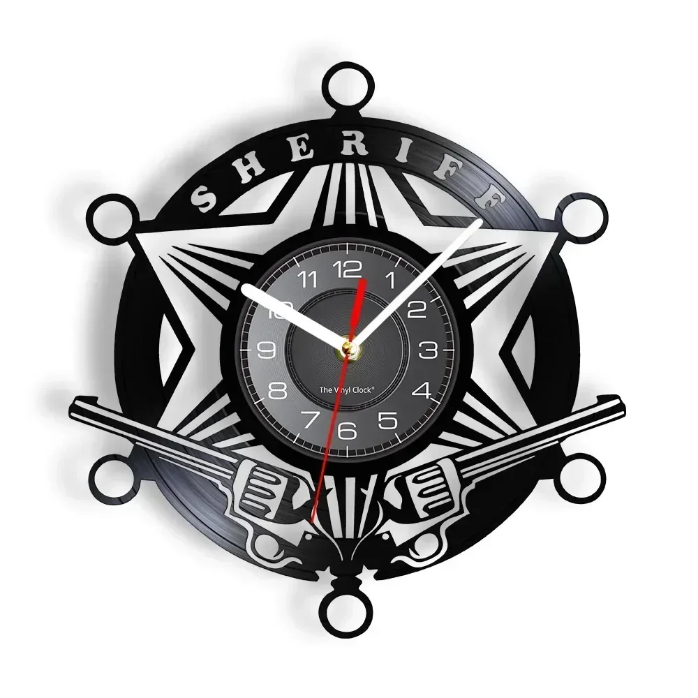 Sheriff Police Shield Vintage Design Illuminated Wall Clock Hexangular Star Guns Vinyl Record Timepiece Black Hanging Wall Decor