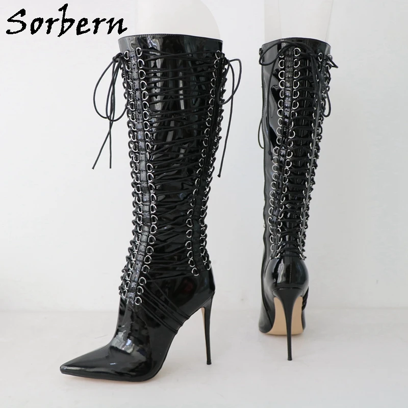 Sorbern Customized Glossy Black Boots Women Knee High Multi Lace Up Bandge Boots High Heel Stilettos Pointed Toe Shoes