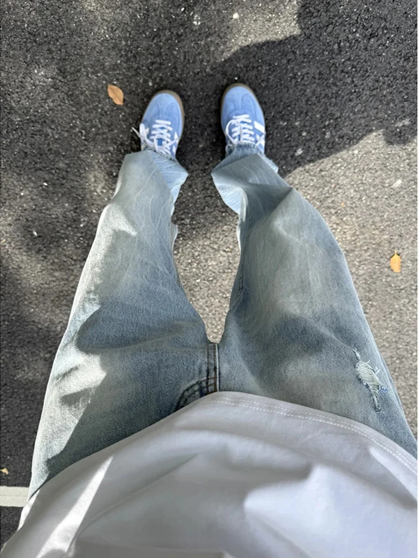 

Мужские прямые джинсы Blue Cra Hole, американские, модные, брендовые, длинные брюки, широкие джинсы, летние, из полиэфирного волокна