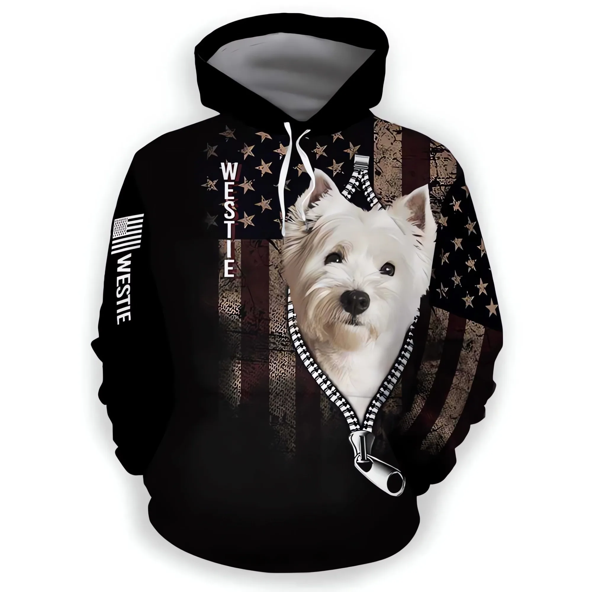 

HX Retro Animal Hoodies Yorkshire West Highland White Terrier Usa Flag Zipper Printed Hoodie Casual Men Clothing Dropshipping