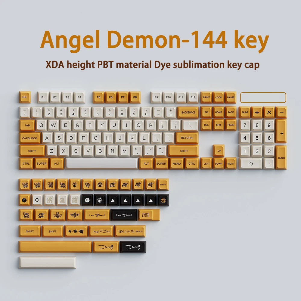 

144 Key GMK Keycaps Angel Demon Gaming Keycaps Heart Design Yellow Black White Keycaps For Mechanical Keyboard XDA PBT Keycaps