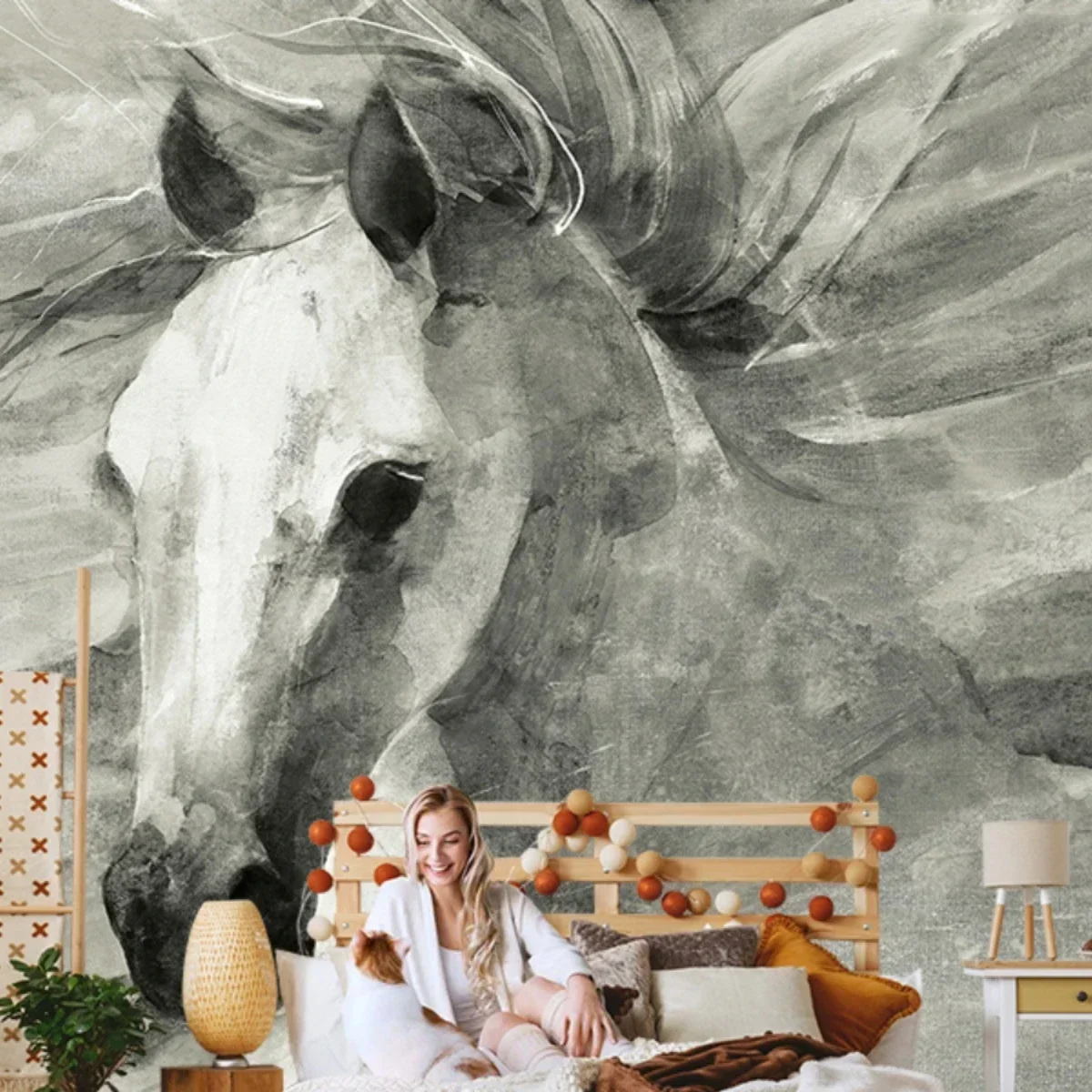 3D Nordic Hand-Painted Gray White Steed Wallpaper Art Abstract Living Room Television Background Wall Mural Film Sofa Wall Cloth