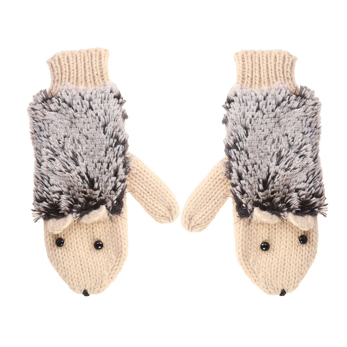 قفازات دافئة الشتاء الكرتون القنفذ نمط محبوك تدفئة المعصم العالمي صالح للنساء الرجال البيج سميكة مضلع الكفة