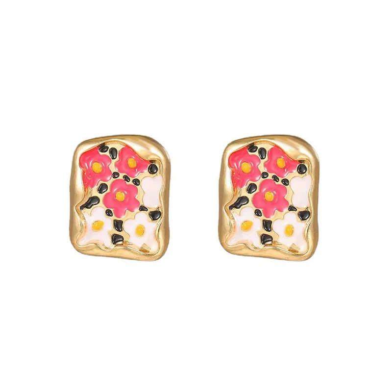 French retro niche irregular square enamel flower clip on earrings non pierced fresh personalized earrings for women Trendy 2023