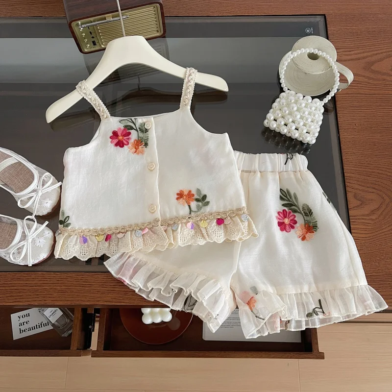 2024Summer New Girls' Mesh Flower Suspender Shorts Mini Set Children's Refreshing Two-Piece Set24175