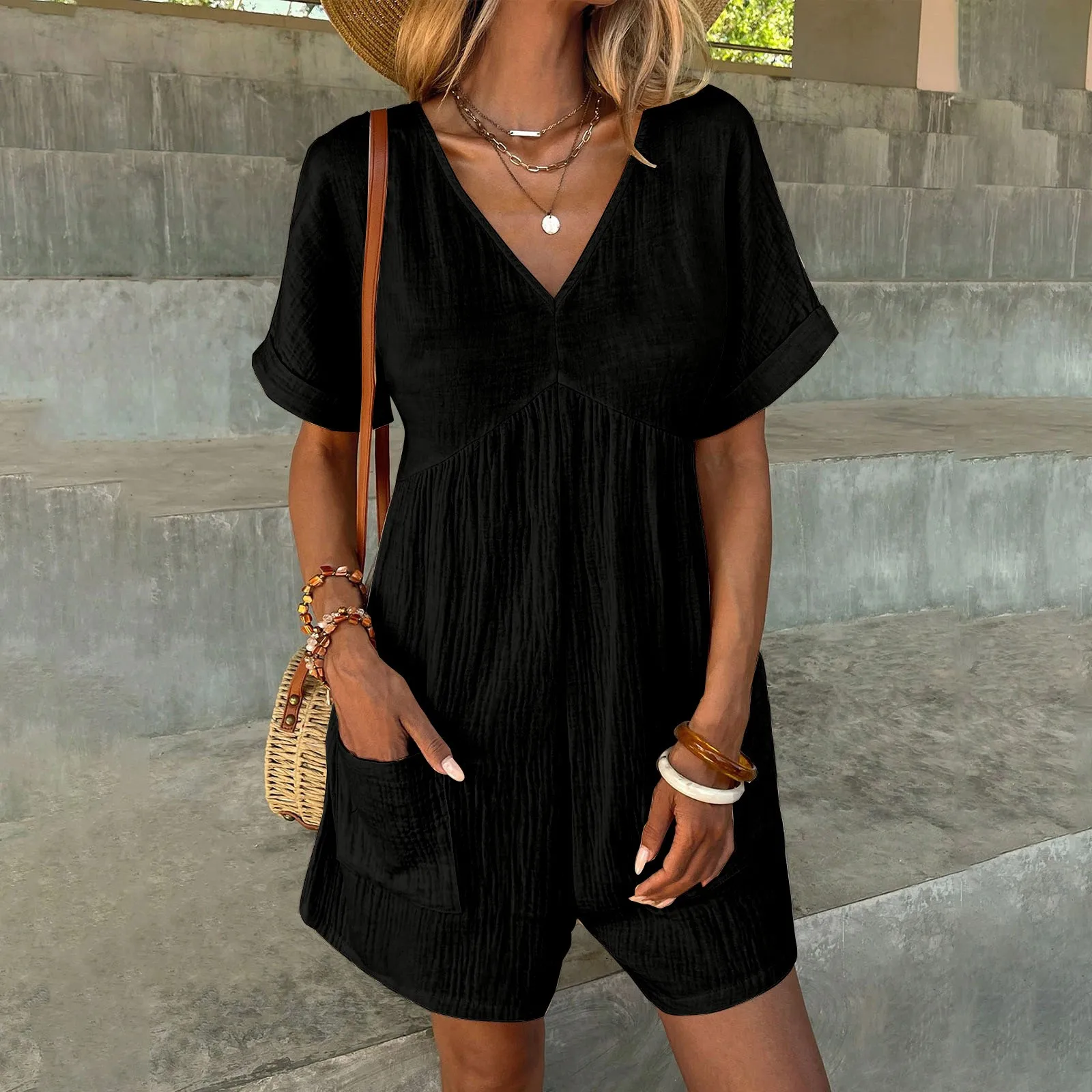 

V Neck Women's Short Rompers Overalls Summer Cotton Linen Loose Overalls Fashion Solid Pocket Zipper Short Sleeve Jumpsuit
