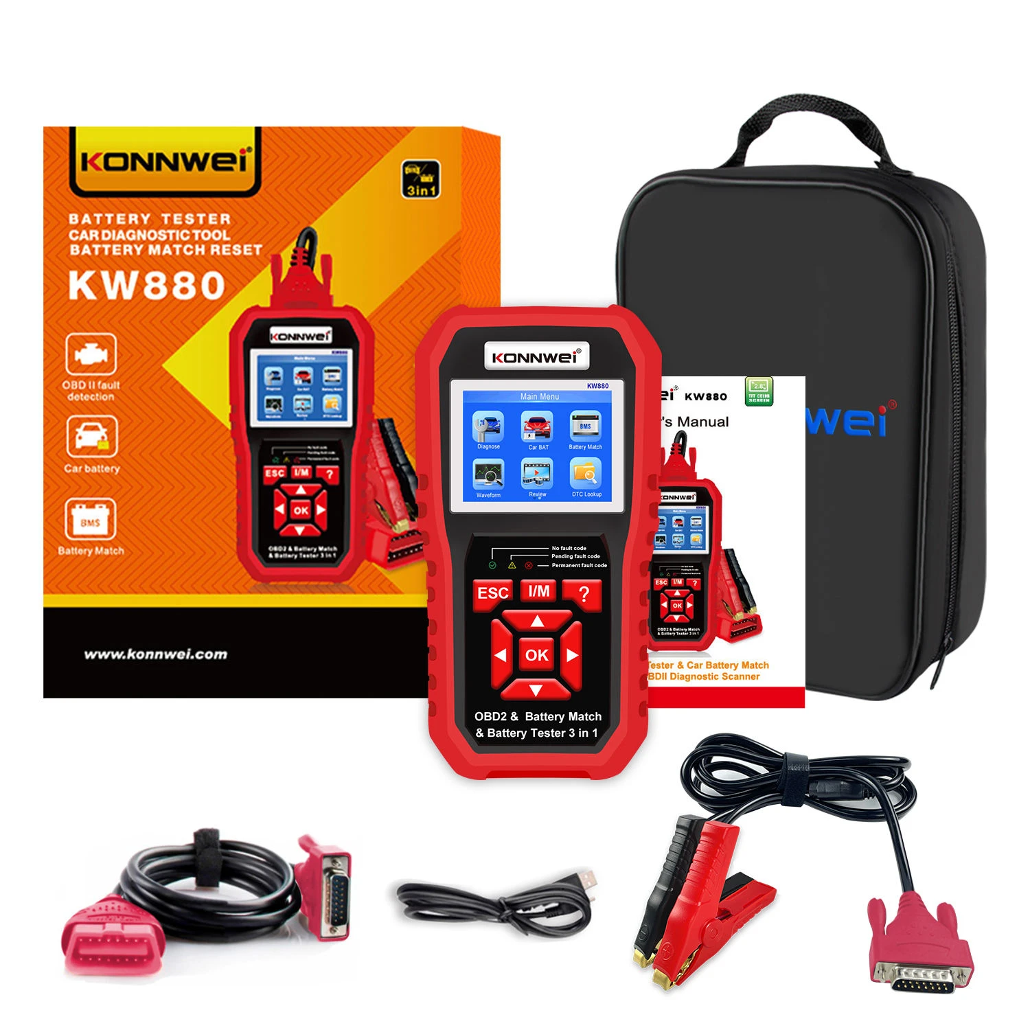 KONNWEI KW880 Universal OBD2 Diagnostic Scanner 6V‑12V Battery Tester & Battery Matching for 53+ Car Brands DPF Reset DTC Lookup