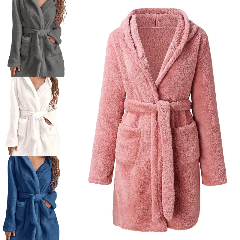 Winter Women BathRobe Fluffy Plush Pyjamas Hooded Dressing with belt Solid Warm robes Homewear Clothing