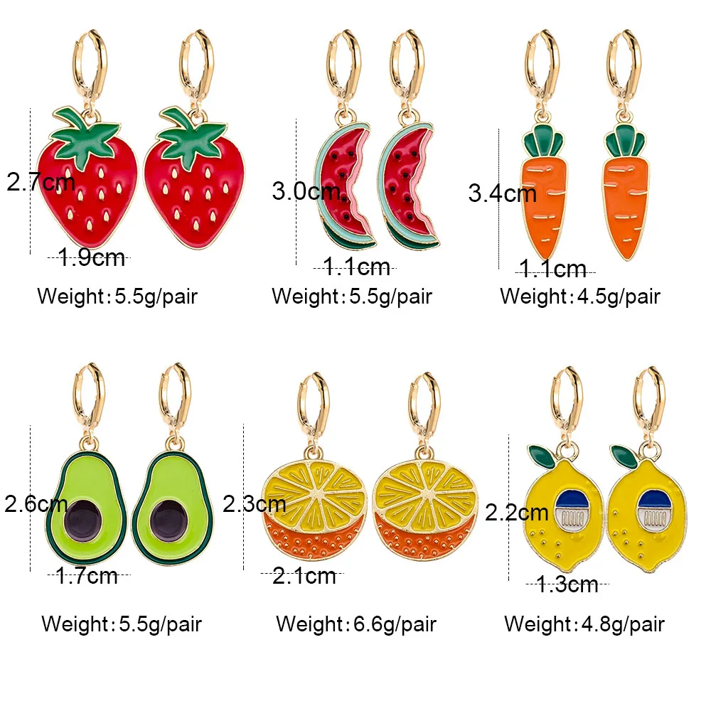 New Fashion Fruit Earrings Lemon Avocado Strawberry Watermelon Orange  Alloy Oil Dropping Pendant Earrings for Women Jewelry