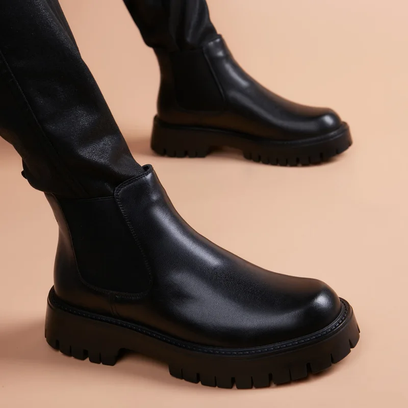 

Spring Business Chelsea Mens Boots Round Toe Thick Sole Casual Shoes Comfy Classic Short Boots Original Walking Army Ankle Boots