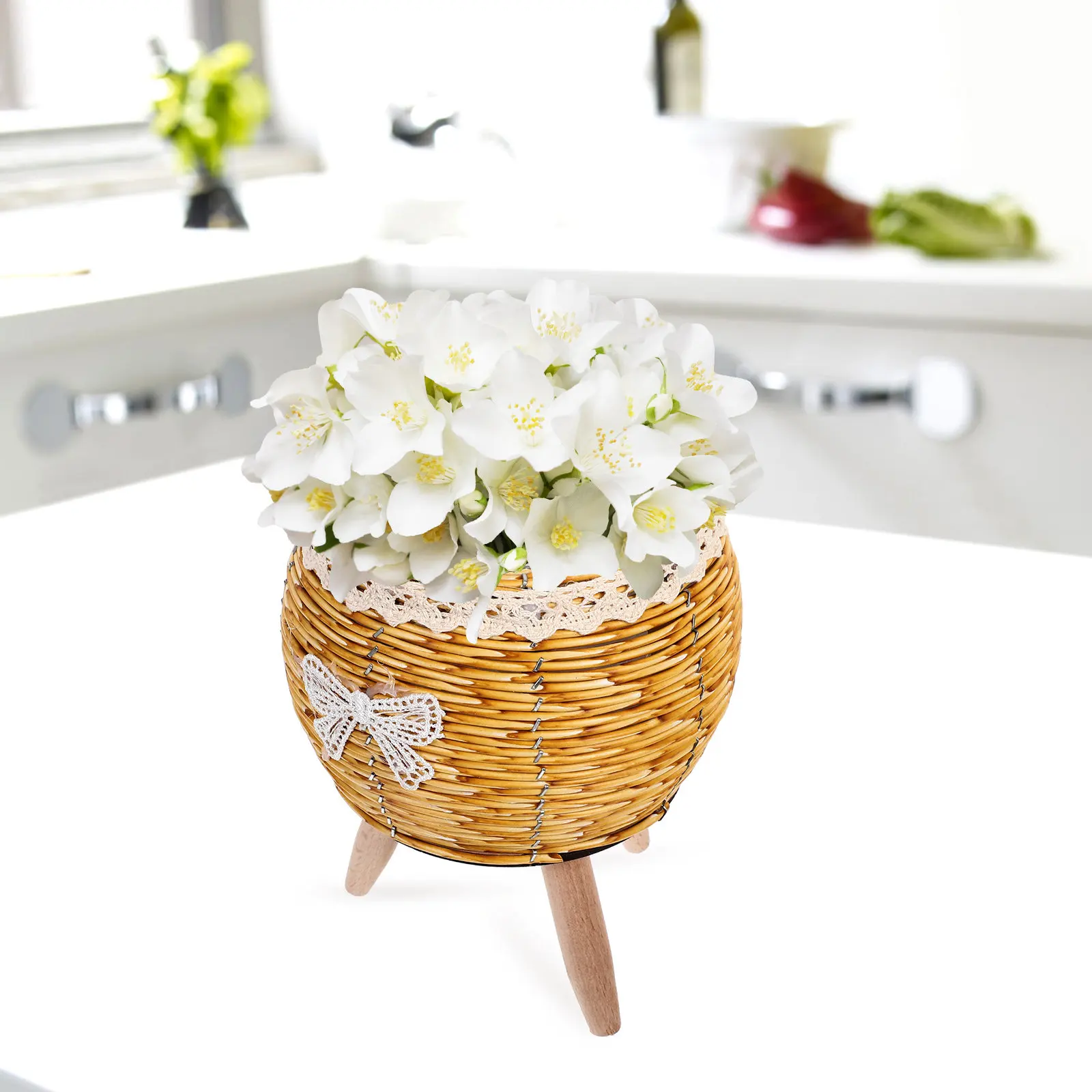 Wood and Straw Flower Pot Holder Stable Bonsai Rack Indoor Plant Stand Tripod Design Suitable Home Garden Balcony Plant Display