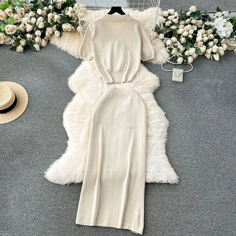 Two Piece Skirt Set Women Knitted Sets Fashion ButtonShort Sleeve T SHIRT+Knitted Camis Dress Sets Fashion Summer Suits