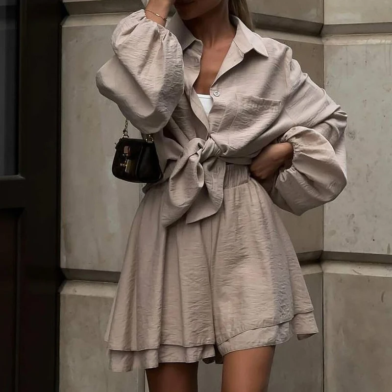 

Spring Summer Solid Color Commute 2 Piece Casual Lantern Long Sleeve Lapel Shirt&Shorts Suits Elegant Loose Streetwear For Women