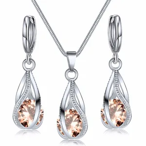 Copper Pingente Necklace and Set Earring for Ladies, Crystal Stone, Ear Clip, Jewelry Combination, Luxury, Light, Wind, Combination, 3PCS 12 Main Sales Black Set - №1