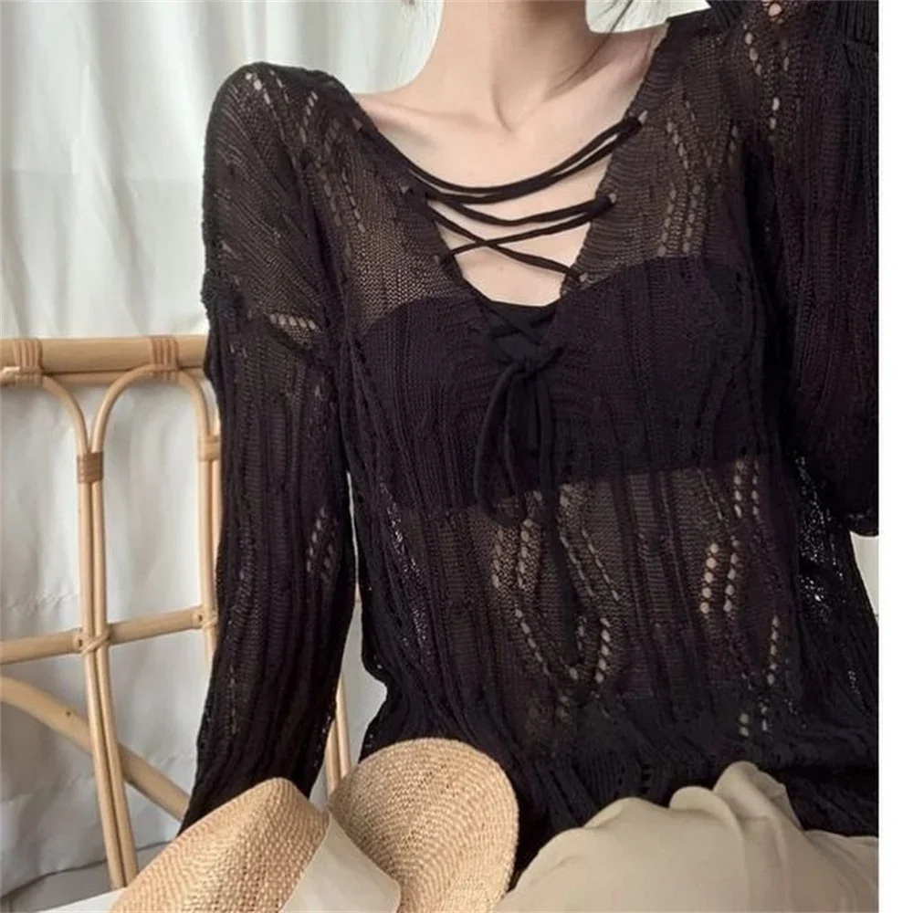 2024 Girl Hole Lazy Style Full Sleeves Jumpers Tops Hollow Out Sexy Women Fashion Casual Streetwear Femme Sweaters Pullovers