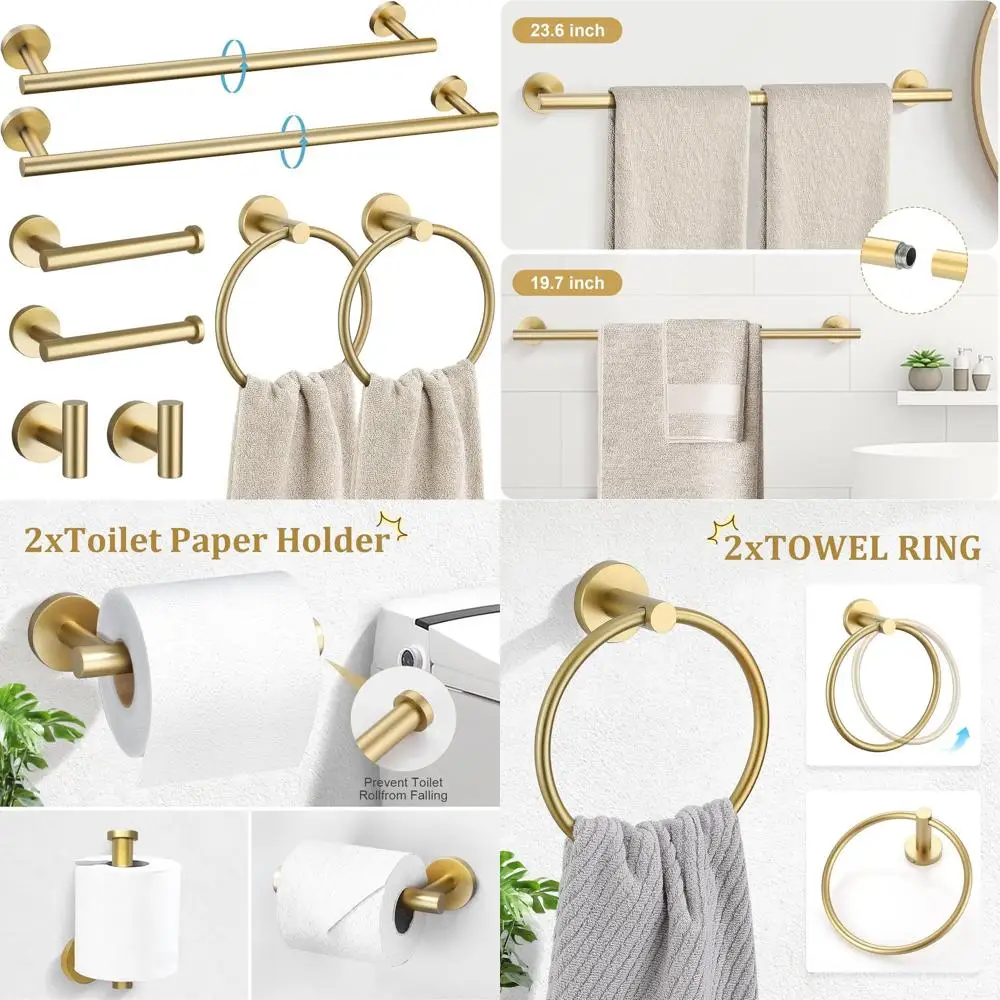 

8-Piece Brushed Gold Bathroom Hardware Set, 24 & 20 Towel Bars, Wall-Mounted Stainless Steel Bath Accessories