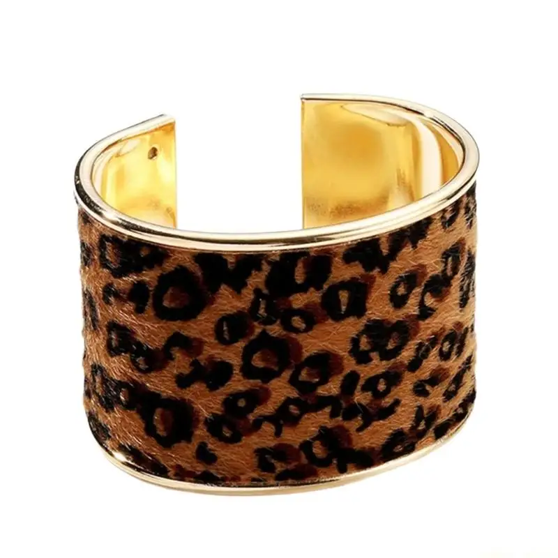 31BF Leopard Print Wide Cuff Open Wrist Bangle Adjustable Closure Soft Flocking Bracelet Comfortable Alloy Fashion Jewelry