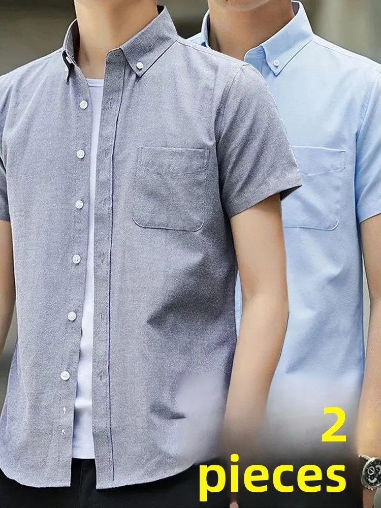 Summer Oxford Cloth Short Sleeve Shirt Men's Casual Slim Fit Handsome Half Sleeve Casual Shirt Cotton Pure Color Jacket