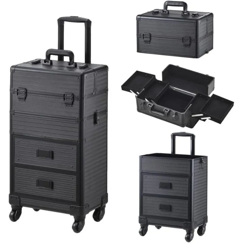 

4 in1 Rolling Makeup Case，Cosmetology Barber Case on Wheels with Makeup Box and 2 Sliding Drawers for Hair Stylist Beauty Salon