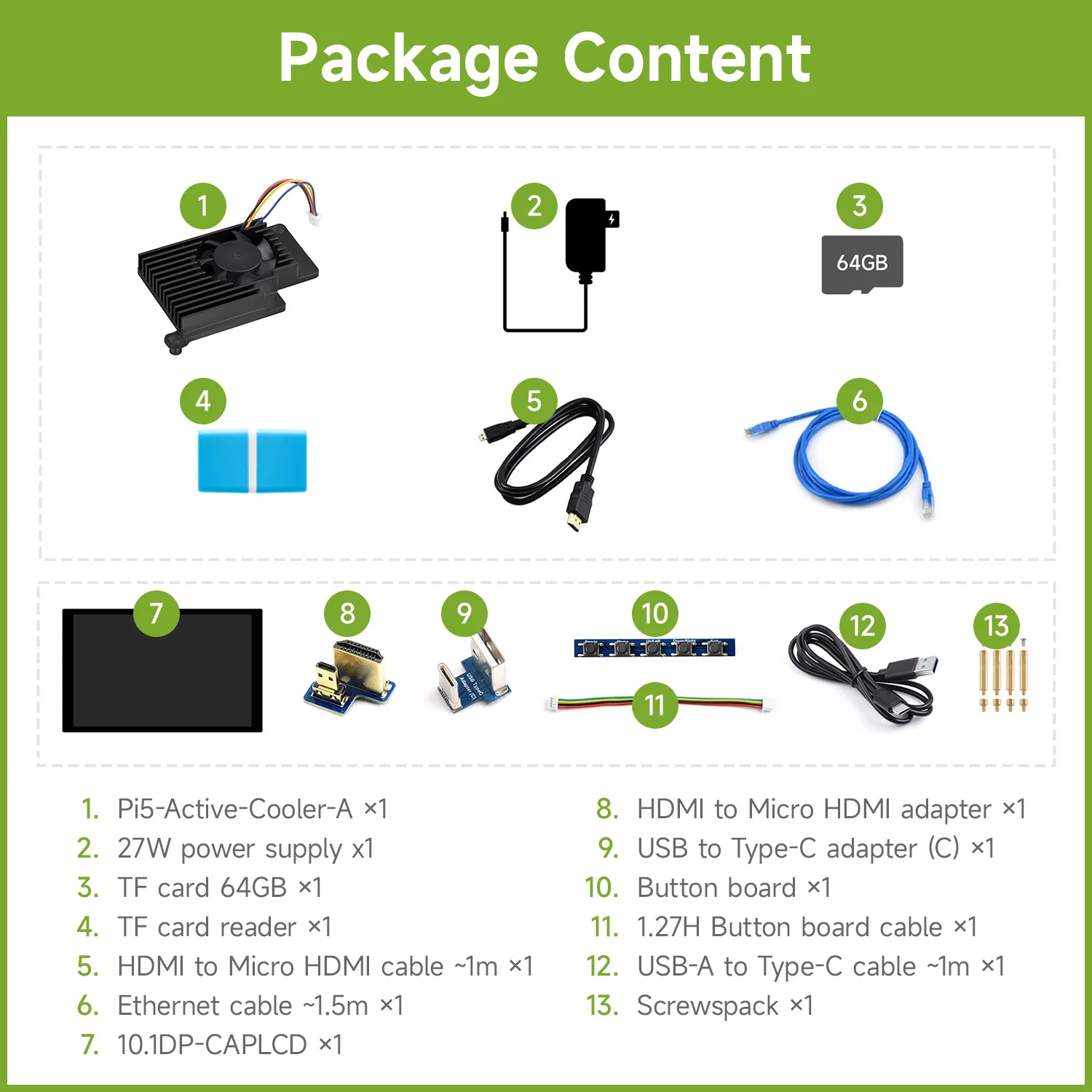 Waveshare Accessory PI5 Display Kit Acce A, 64GB TF card, TF card reader,10.1in Touch Display for Raspberry Pi 5(Not Included)