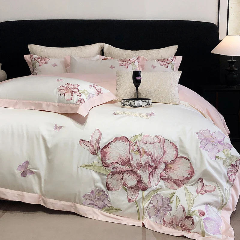 Blooming Flowers Embroidery Bedding Set 600TC Egyptian Cotton Duvet Cover Set Bed Sheet/Fitted Sheet Pillowcases Queen King Size