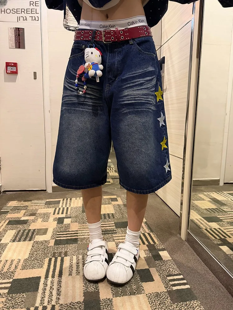 

Мужские джинсовые шорты с вышивкой Starry, прямые, повседневные, универсальные, модные, летние, укороченные, с высокой талией, молодежные