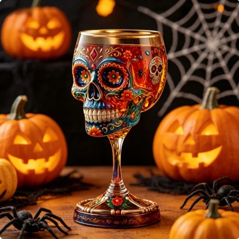 Colorful Skull Stemmed Wine Goblet, Cocktail & Whiskey Drinking Cup, Bar Table Decor for Halloween Theme Party