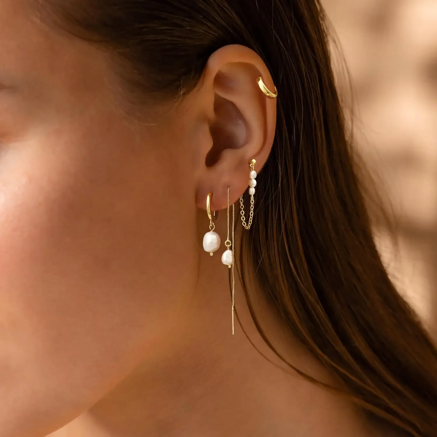 4pcs 14K Gold Plated Pearl Dangle Hoop Earrings for Women Hypoallergenic Drop Chain Trendy Earring for Multiple Piercing Jewelry