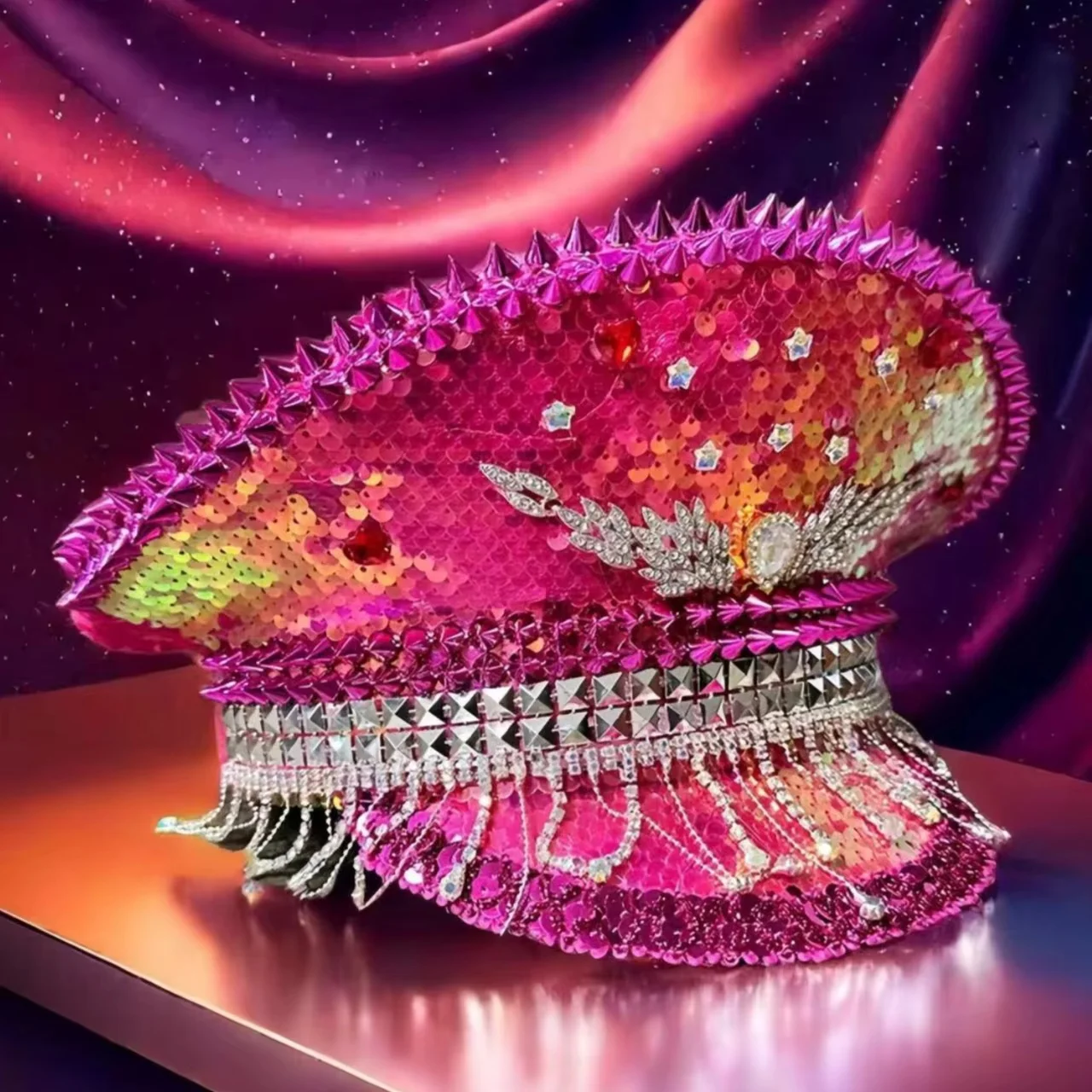 HongLuan Cappello da capitano con anello in pelle laser giallo con strass e berretti militari per donna, accessori per festival rave e berretto da festa da uomo