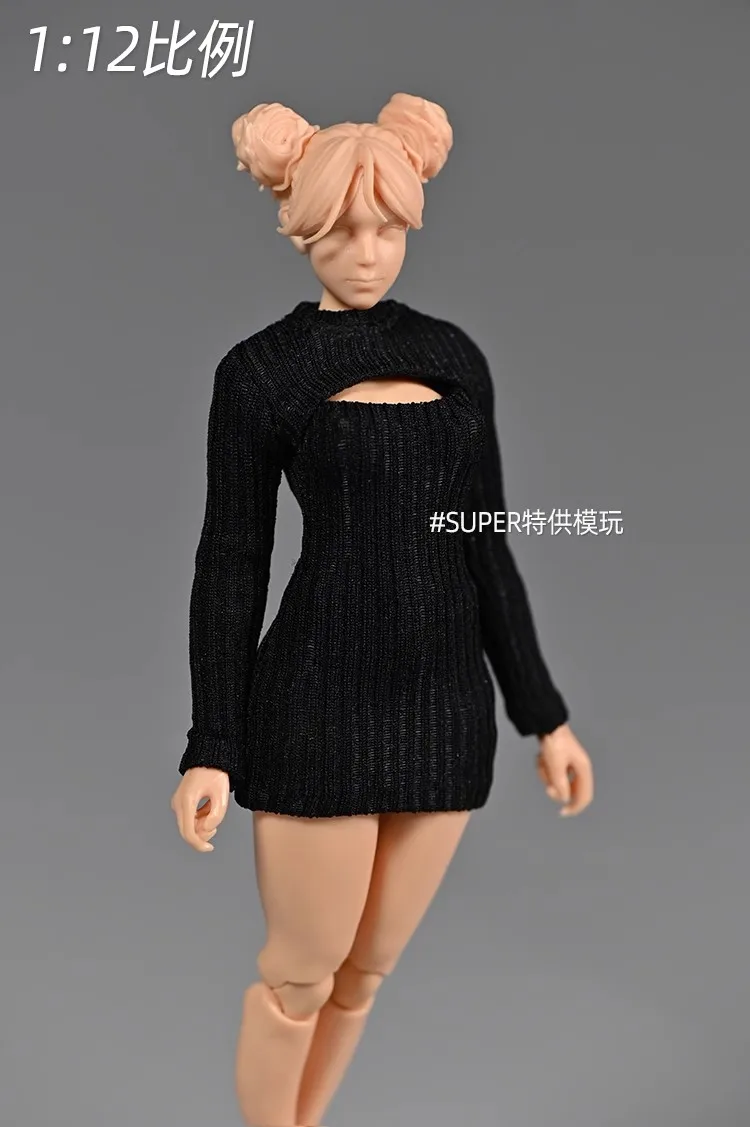 1:12 Scale Female Figure Baby Trendy Thick Striped Dress Open-chest Sweater Clothes Model fit OB BJD 6