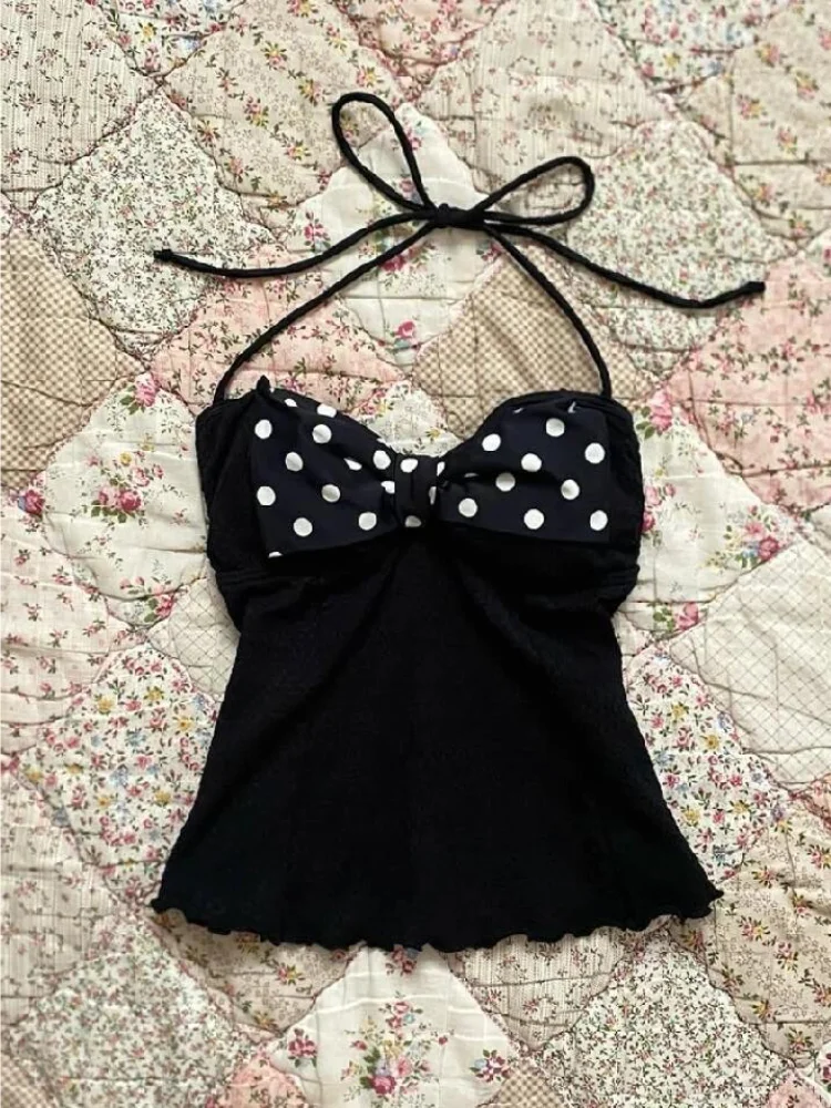 American Sweet Spice Girls Vintage Vest Polka Dot Halter Sling Slim Camis Strapless Minority All-match Short New Tanks