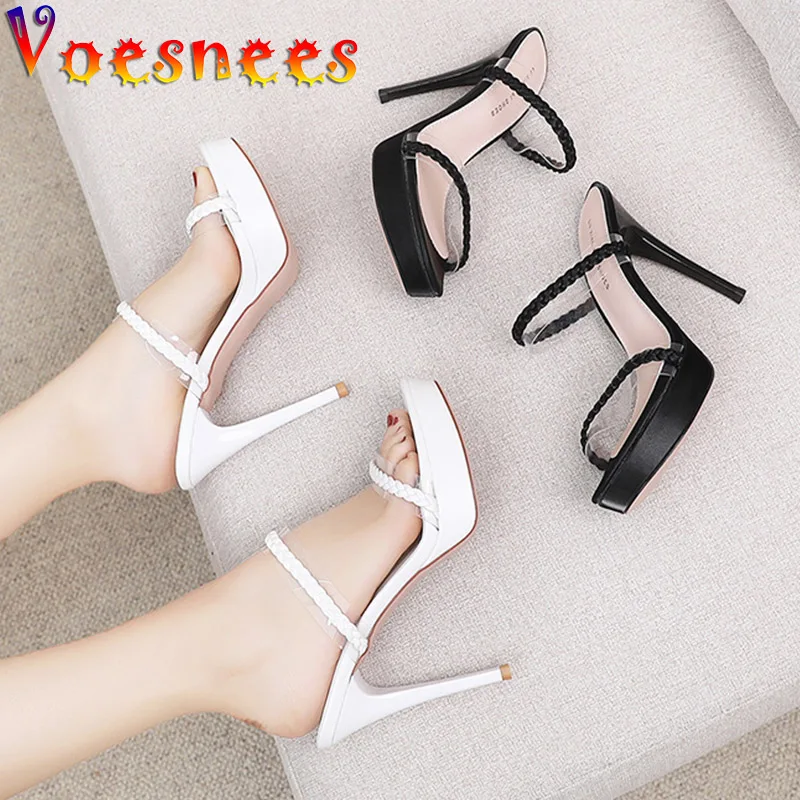 Voesnees 2022 New Weave Slippers Fashion Design Ice Velvet Thin Rope Sandals Summer Slides Transparent High Heels Shoes Women