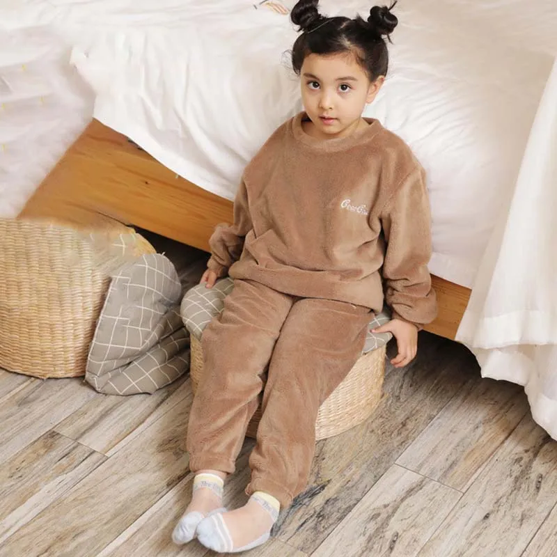 Coral Velvet Super Soft Pajamas Sets for Kids Boys Girls Long Sleeves Pants Lazy Children Sleepwear Sets Solid Nightwear Suits