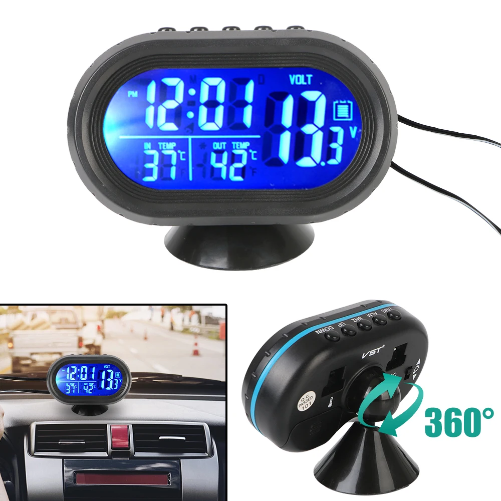 Car Clock Digital LCD Voltmeter Thermometer Auto Test Electronics Gauge Tester Interior On Board Computer Accessories Universal