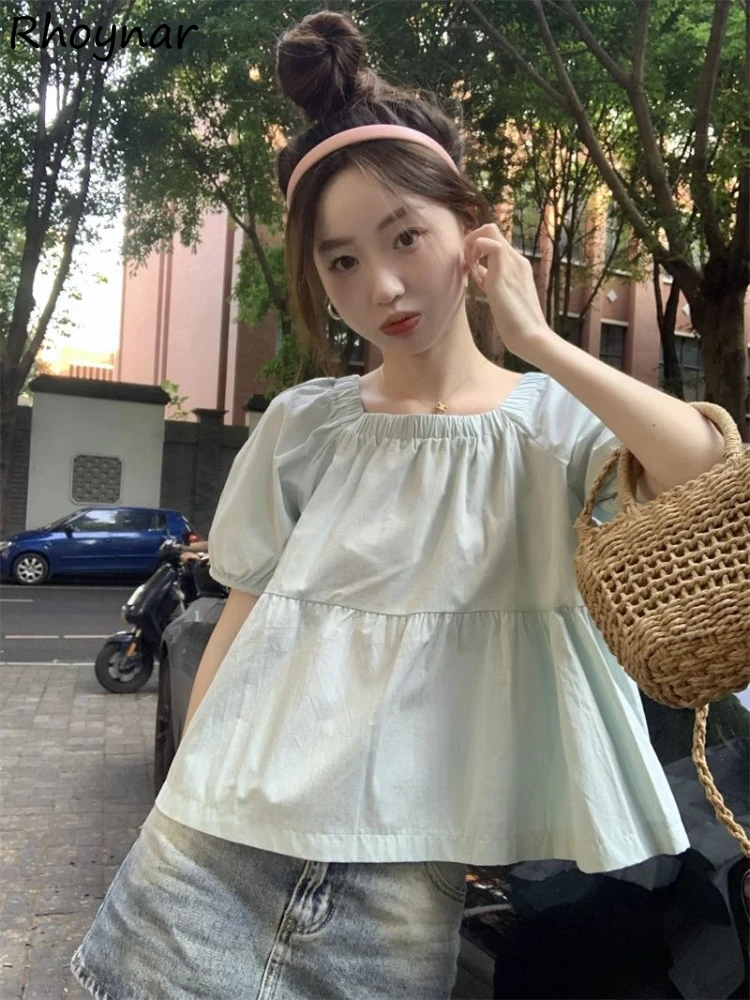 Solid Blouse Women Summer Square Collar Short Puff Sleeve Loose Folds Design Simple Korean Style All-match Sweet Lovely Girls