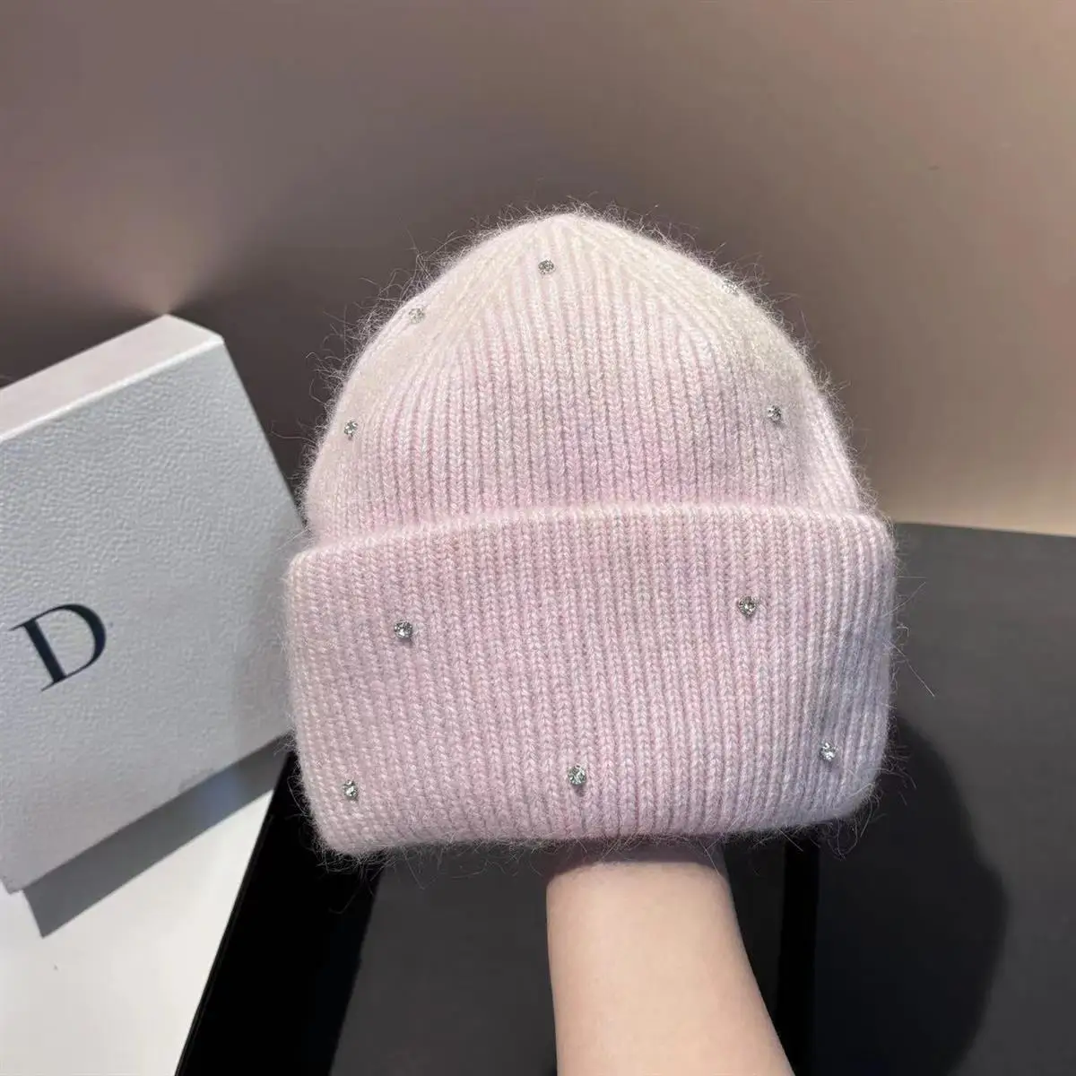 1 Stück Neue Winter-Strickmütze mit Strass, Modische und Warme Kaninchenfell-Ohrenschutzmütze, Doppelt Gefaltete Mütze – Detail 6