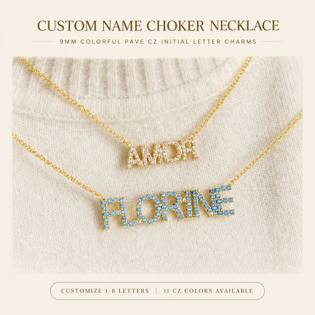 Personalized Multiple Initial Letter Choker 9mm Sparkling Rainbow Zircon Nameplate Necklace Sideways Family Names Dainty Jewelry