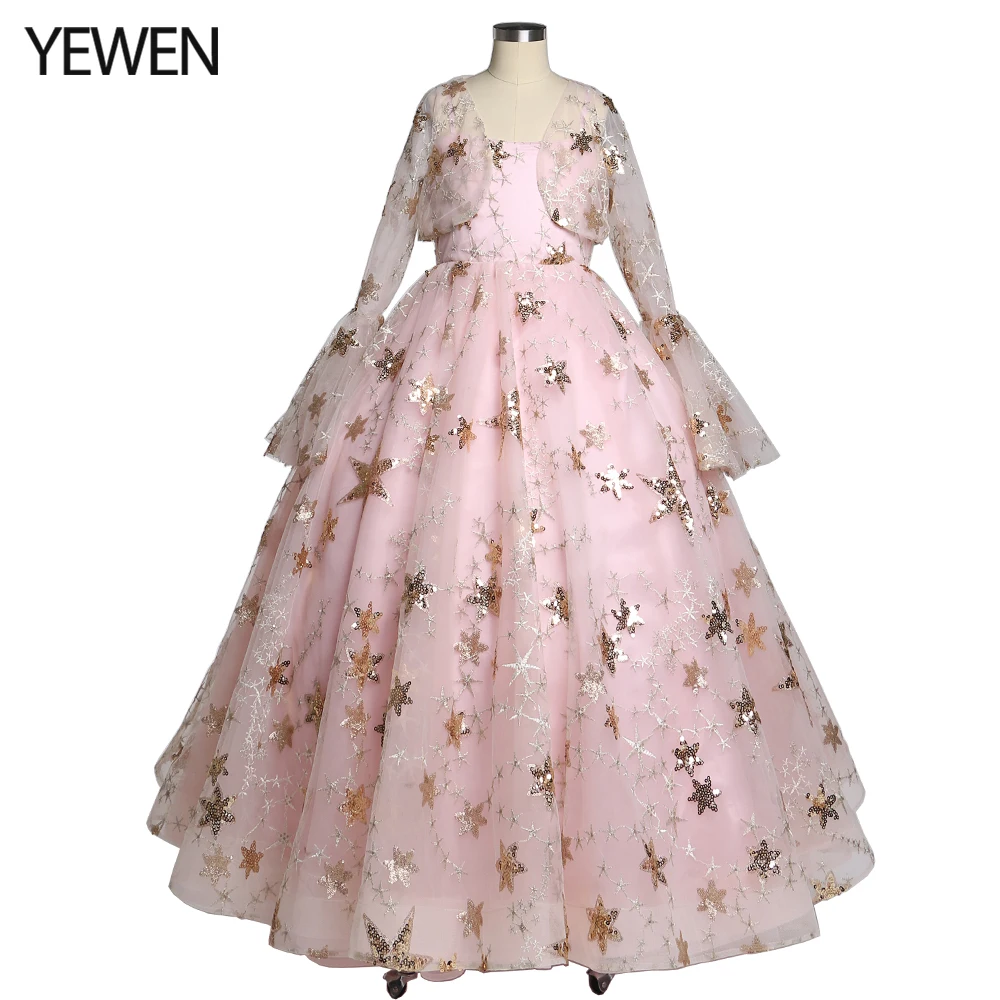 

Champagne Star Tulle Flower Girls Dresses with Jacket for Wedding Party Princess Children Photo Shoots Celebrity Gown YEWEN