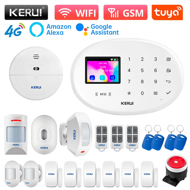 نظام إنذار KERUI للمنزل الذكي WIFI 4G مضيف إنذار أمان مضيف سرقة مع مستشعر حركة الباب Tuya Smart App Control Work Alexa