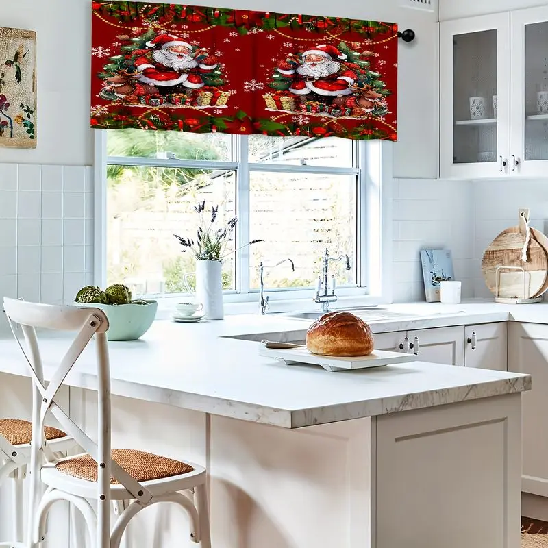 VIKAMA Christmas Curtain Set Red Santa Reindeer Xmas Tree Gift Print Kitchen Valance Tier For Living Room Bedroom Dining Decor