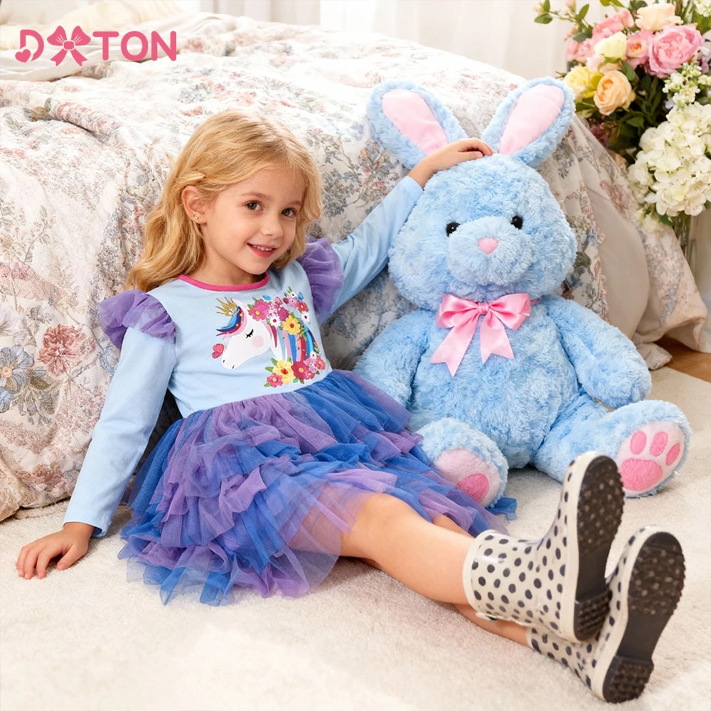 

DXTON New Toddler Girls Dresses Unicorn Cotton Children Party Dress Floral Kids School Casual Wear Layer Mesh Princess Costumes