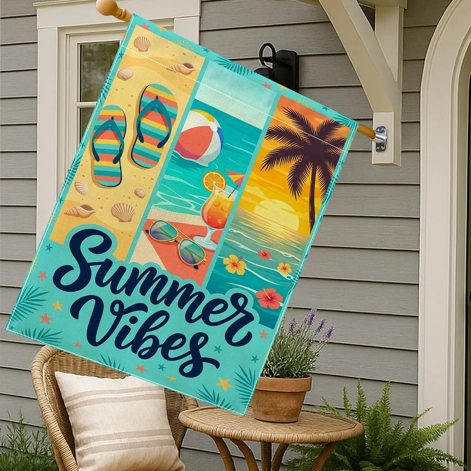 Flip Flops House Flag, Summer Tropical Beach Ball Cocktail Summer Turquoise Burlap Double Sided Outside Large Garden Flag fo kkz