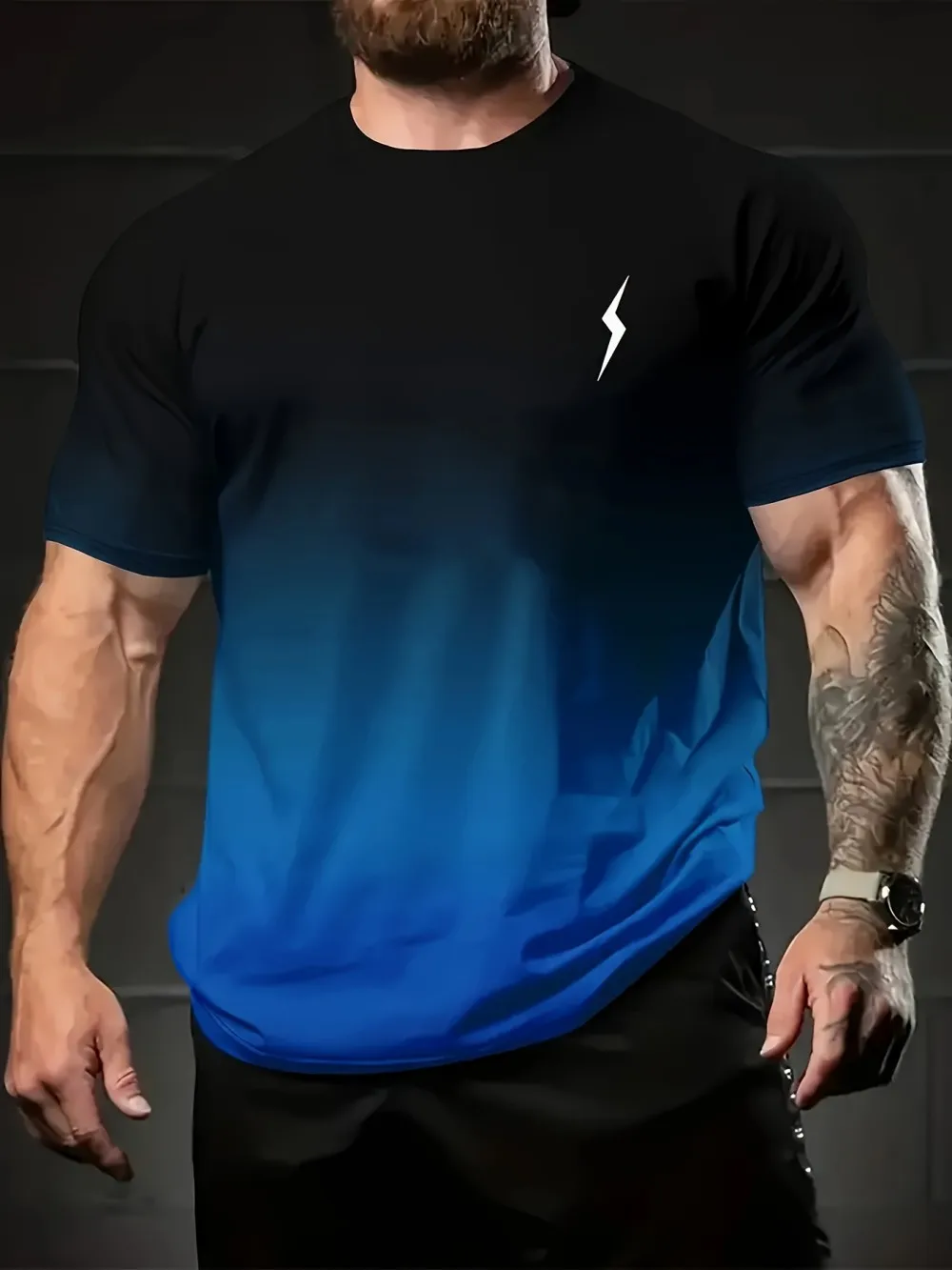 Men's casual style summer gradient lightning print comfortable and breathable round neck T-shirt outdoor fashion top