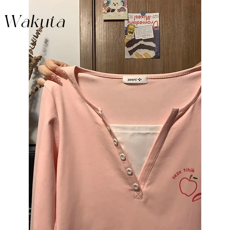 WAKUTA Korean Classic U Neck Long Sleeve Patchwork Jacket Fashion Button Design Sense Tops Autumn Pink Fake Two Piece Pullovers