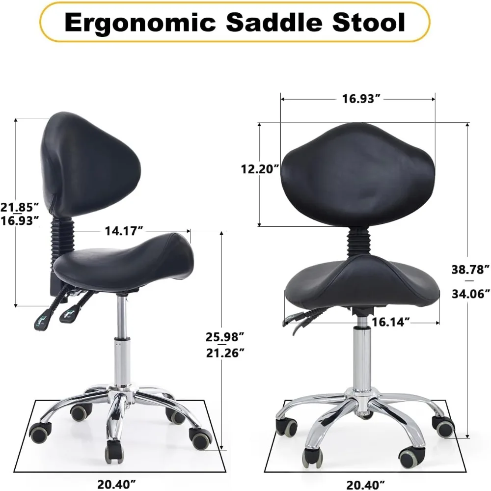 Saddle stool chair, ergonomic rolling chair, nail art, tattoo artist, dental clinic, massage, adjustable hydraulic chair (black)